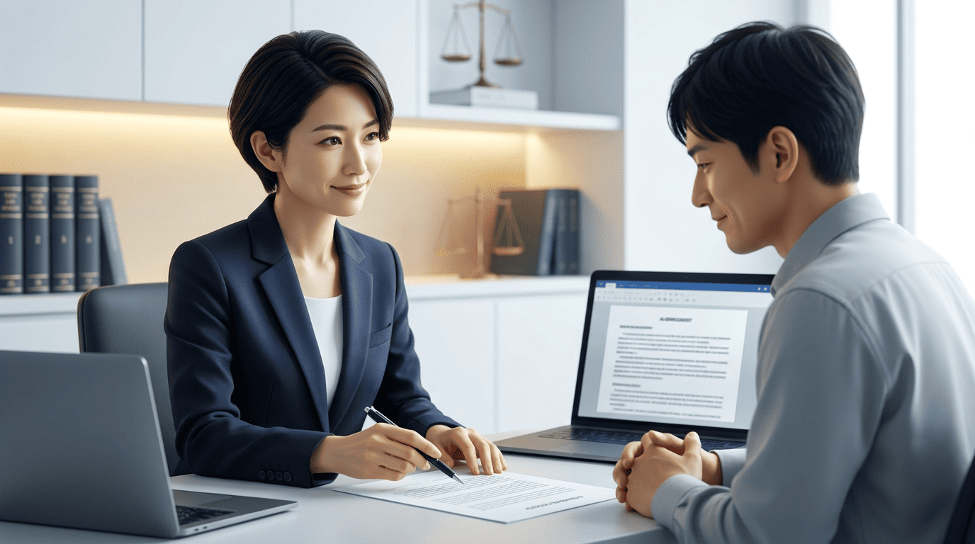 弁護士がAIの作成した書面を依頼者と一緒に確認している相談風景