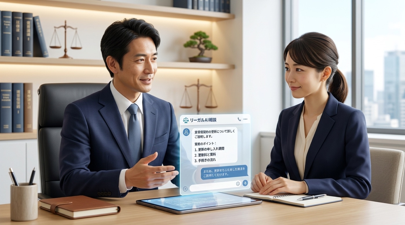 相談者に画面を見せながら法的な論点を説明する弁護士