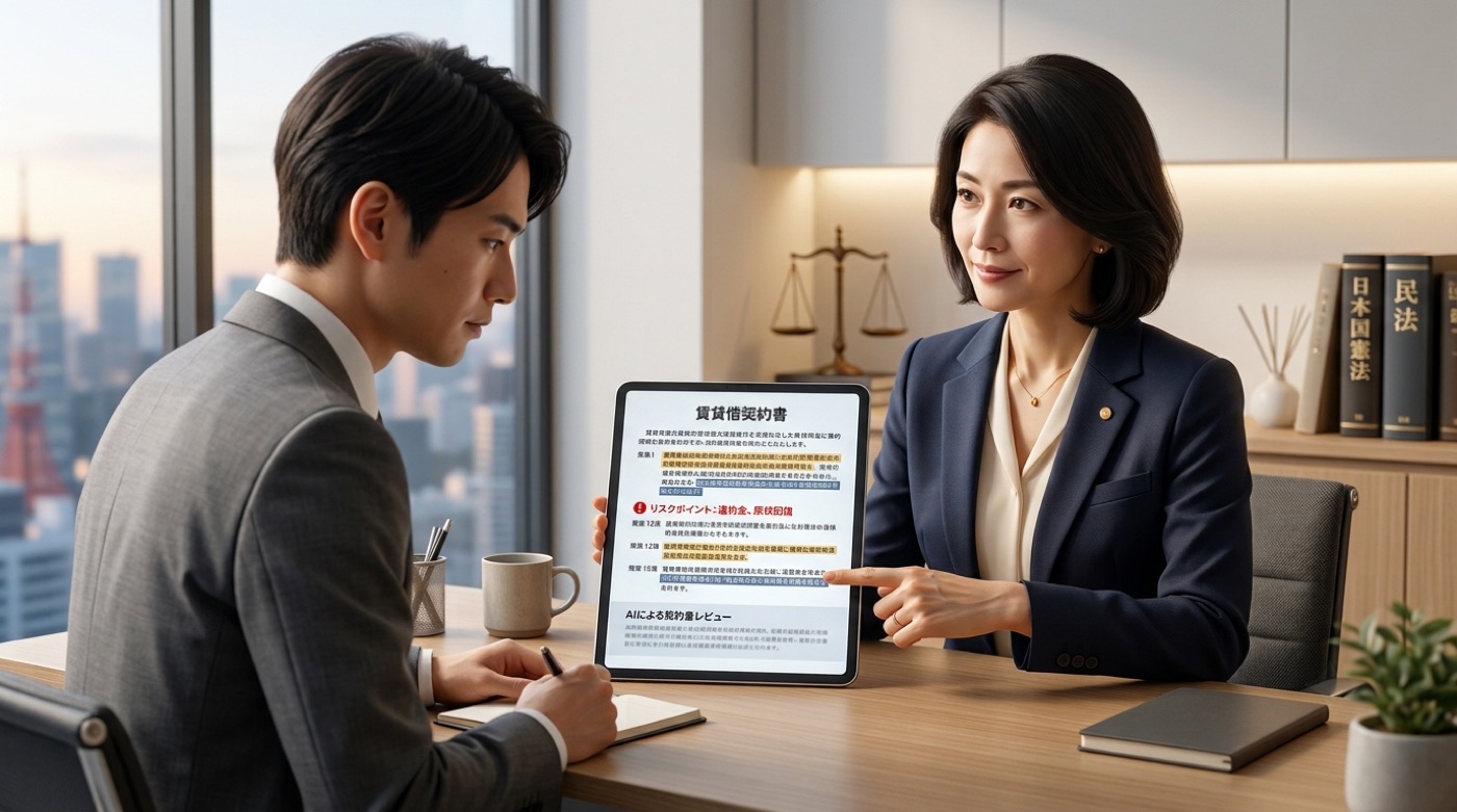 契約書のリスク箇所をタブレット上で指し示す弁護士と相談者
