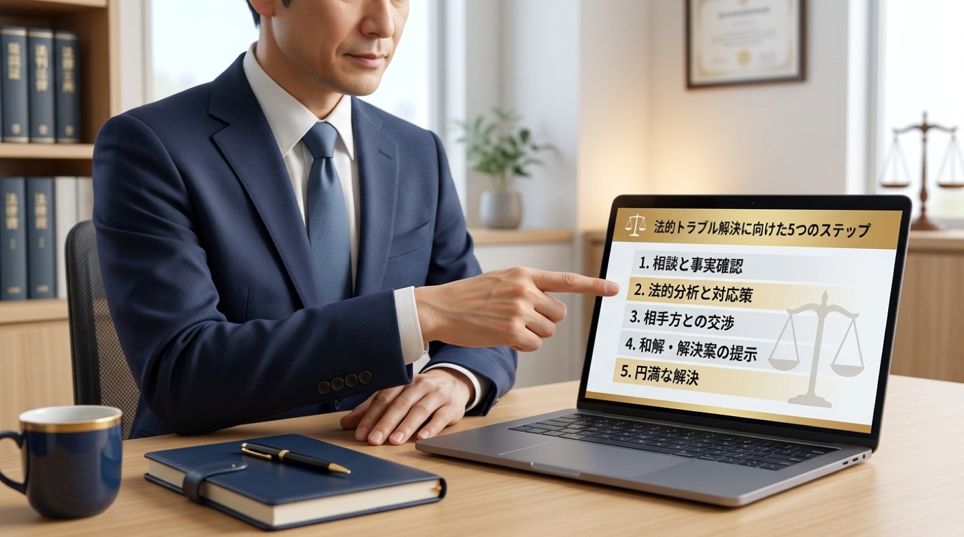 法的トラブル解決に向けた5つのステップを示す画面と弁護士