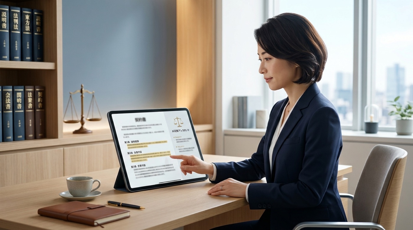弁護士がタブレットで契約書のポイントを確認している場面