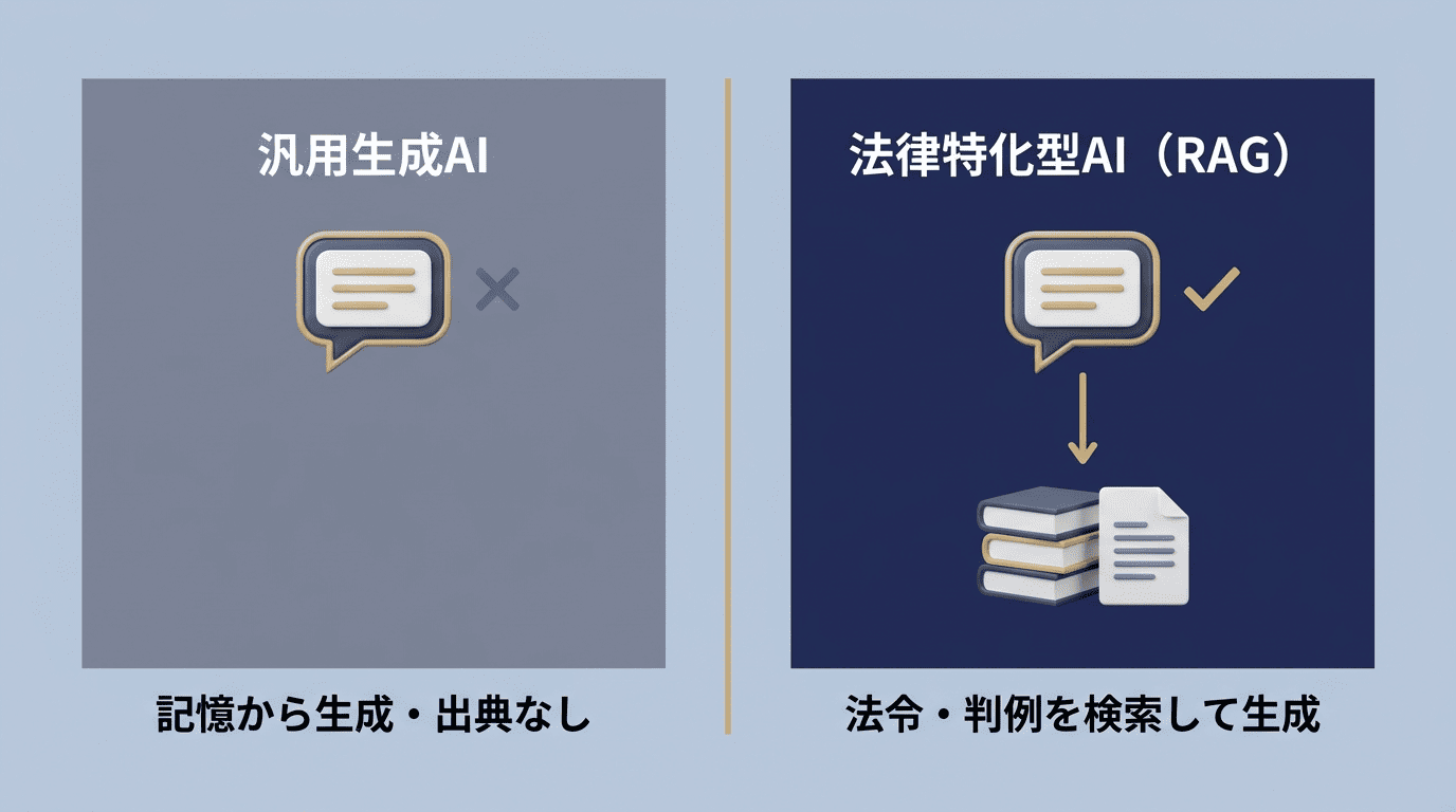 汎用生成AIと法律特化型AI（RAG）の違いを示す図