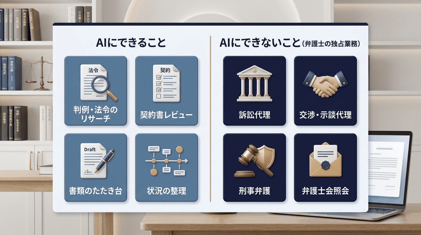 AIにできること(判例リサーチ・契約書レビュー・書類のたたき台・状況の整理)とAIにできないこと(訴訟代理・交渉代理・刑事弁護・弁護士会照会)を左右に対比した図