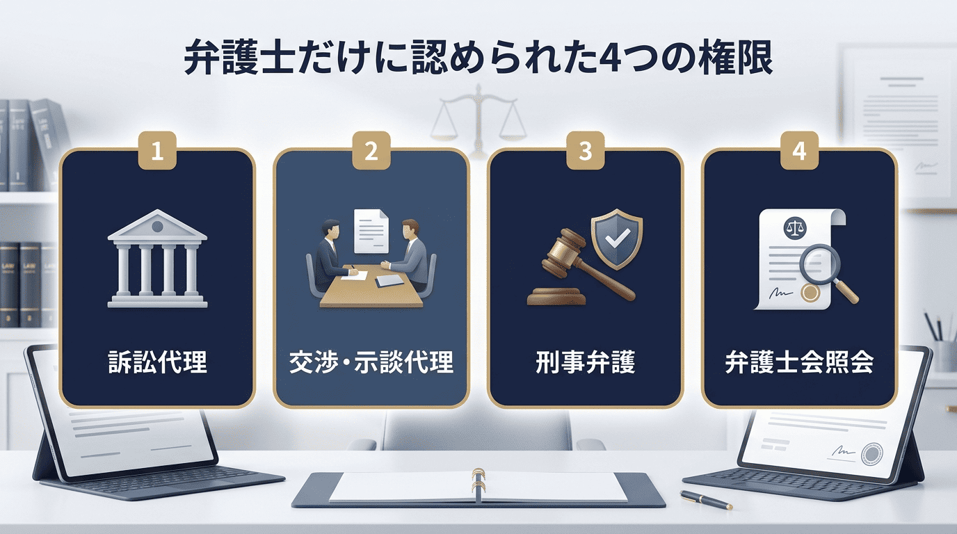 弁護士だけに認められた4つの権限 — 訴訟代理、交渉・示談代理、刑事弁護、弁護士会照会をカード形式で並べた図