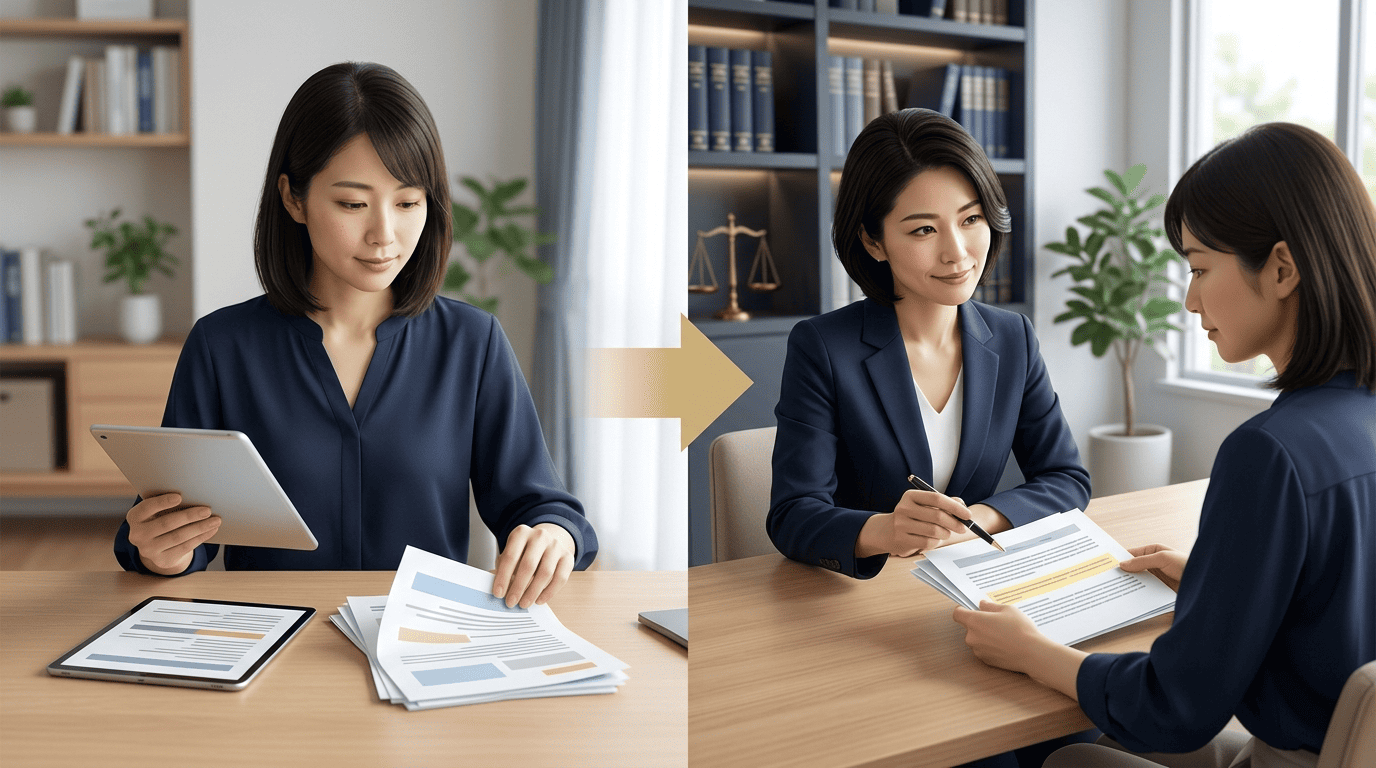 AIで状況を整理し質問リストを準備した相談者が、その資料をもとに弁護士と対面で相談している様子