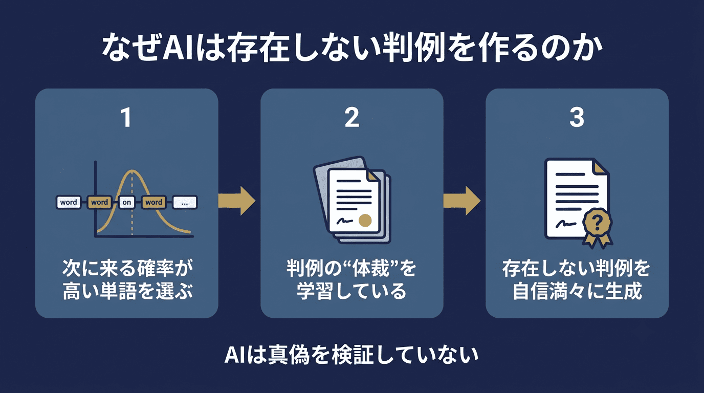 AIが確率で単語を選び、判例の体裁を学習し、存在しない判例を生成する仕組みの図