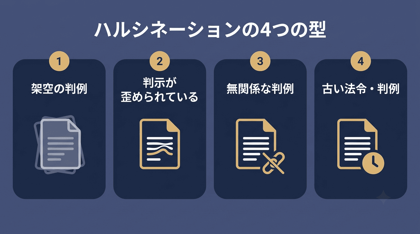ハルシネーションの4つの型(架空の判例・判示の歪み・無関係な判例・古い法令)を並べた図