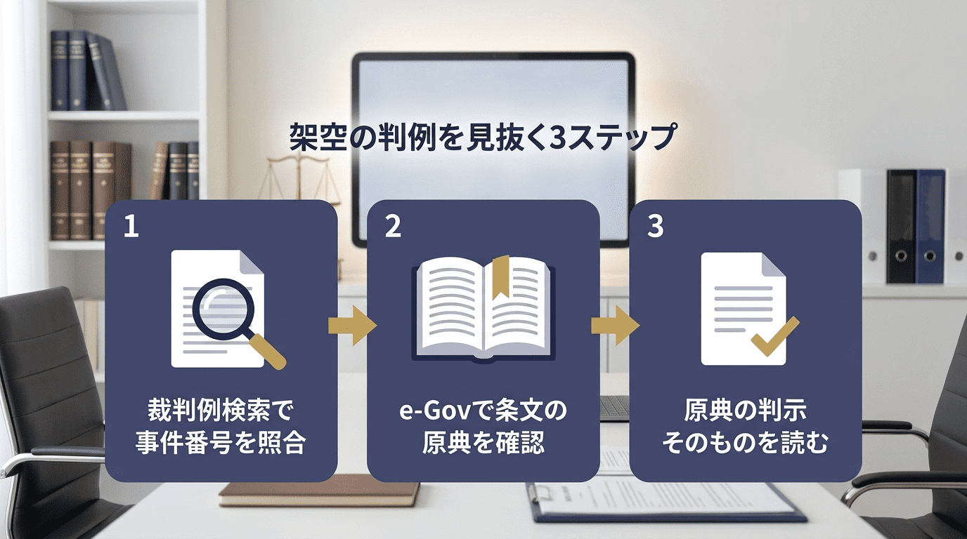裁判例検索で事件番号を照合し、e-Govで条文を確認し、原典の判示を読む3ステップの図