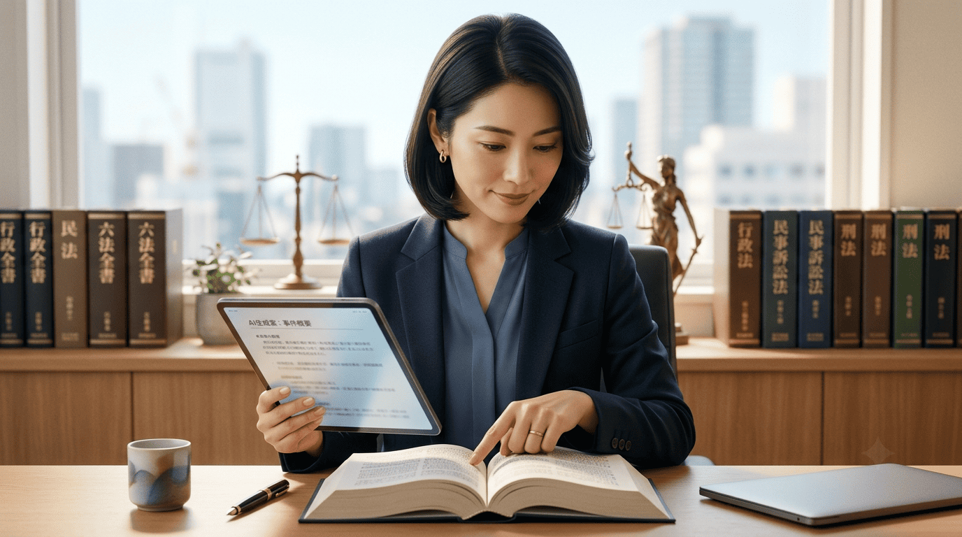 タブレットに表示されたAIの下書きと、机上の判例集を照らし合わせて確認する日本人弁護士