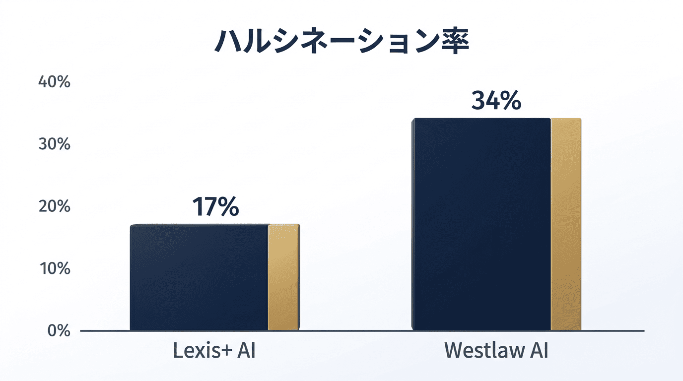 Lexis+ AIが約17%、Westlaw AIが約34%のハルシネーション率を示す棒グラフ