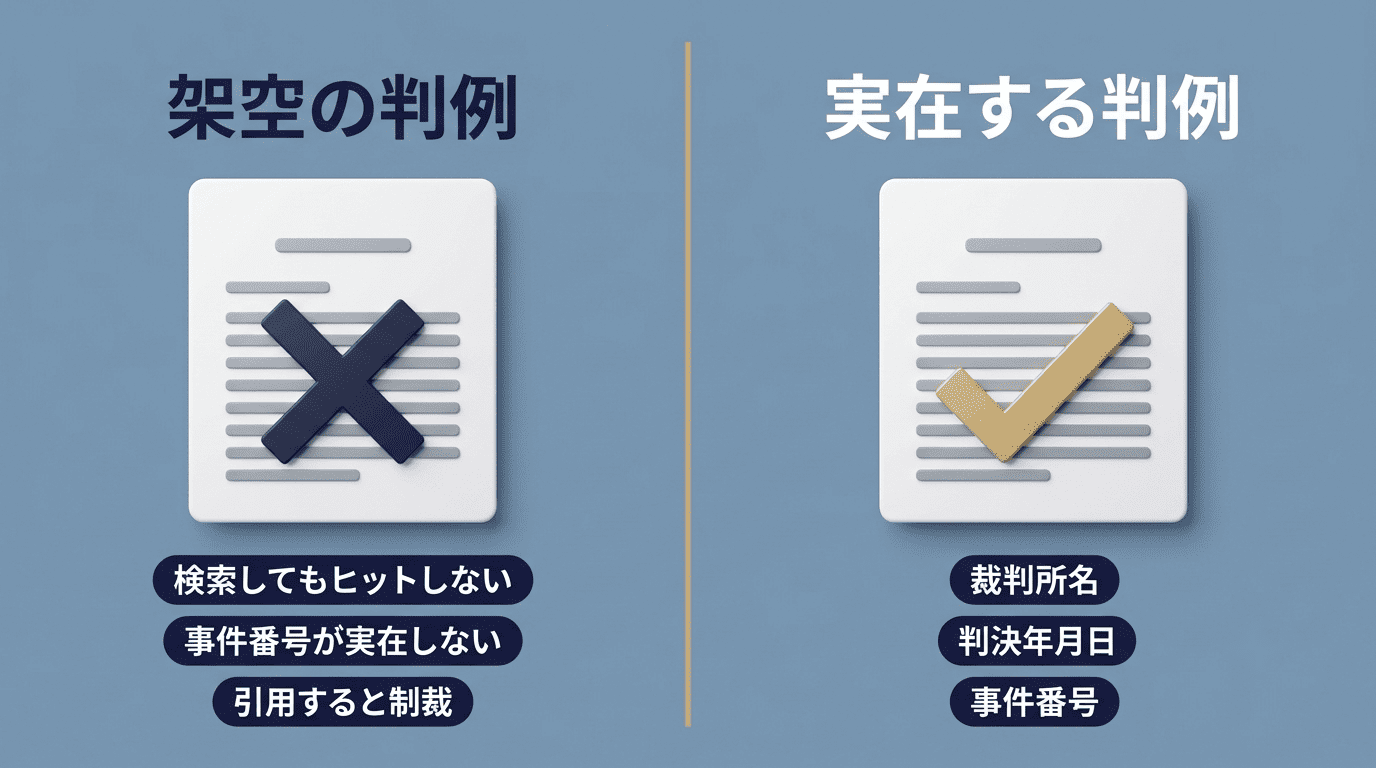 架空の判例と実在する判例を左右で比較した図。実在する判例には裁判所名・判決年月日・事件番号が揃っている