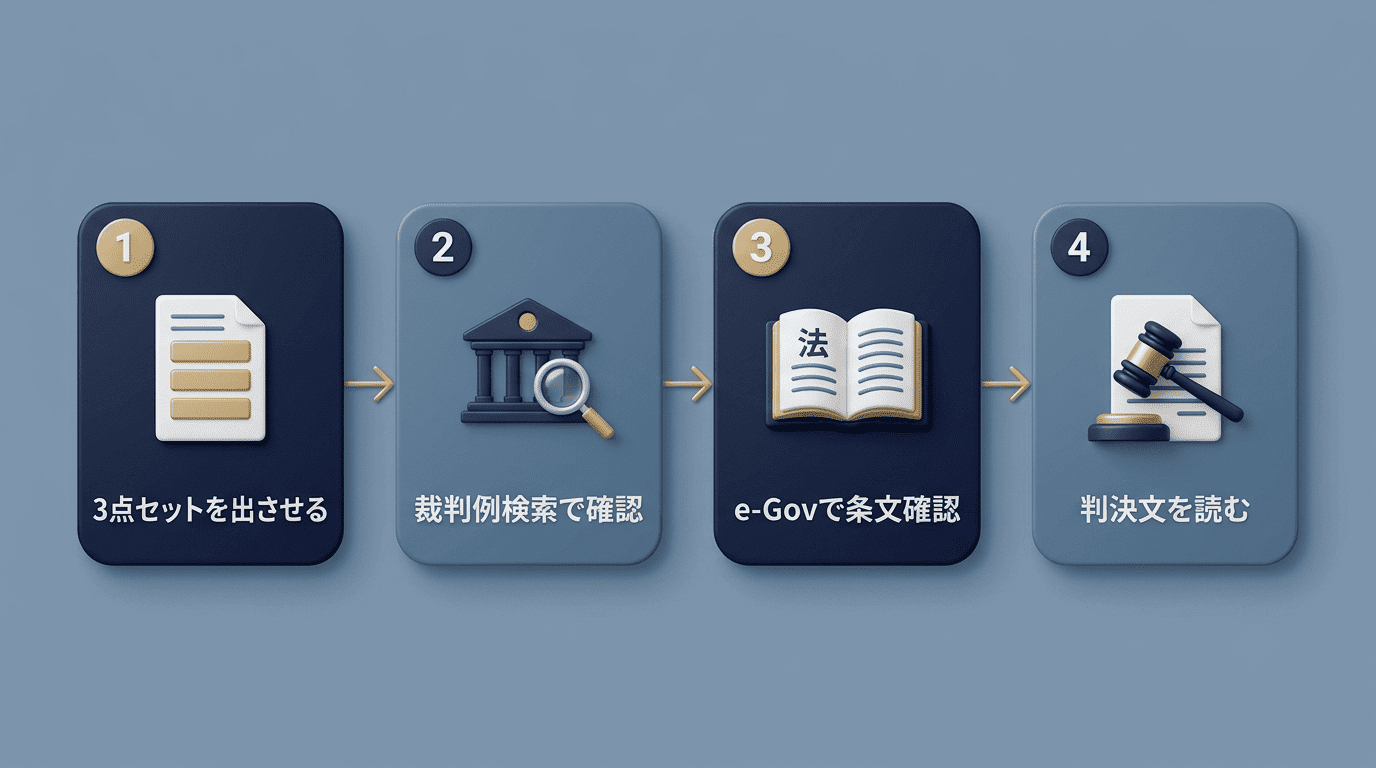 原典確認の4ステップ図。3点セットを出させる、裁判例検索で確認、e-Govで条文確認、判決文を読む