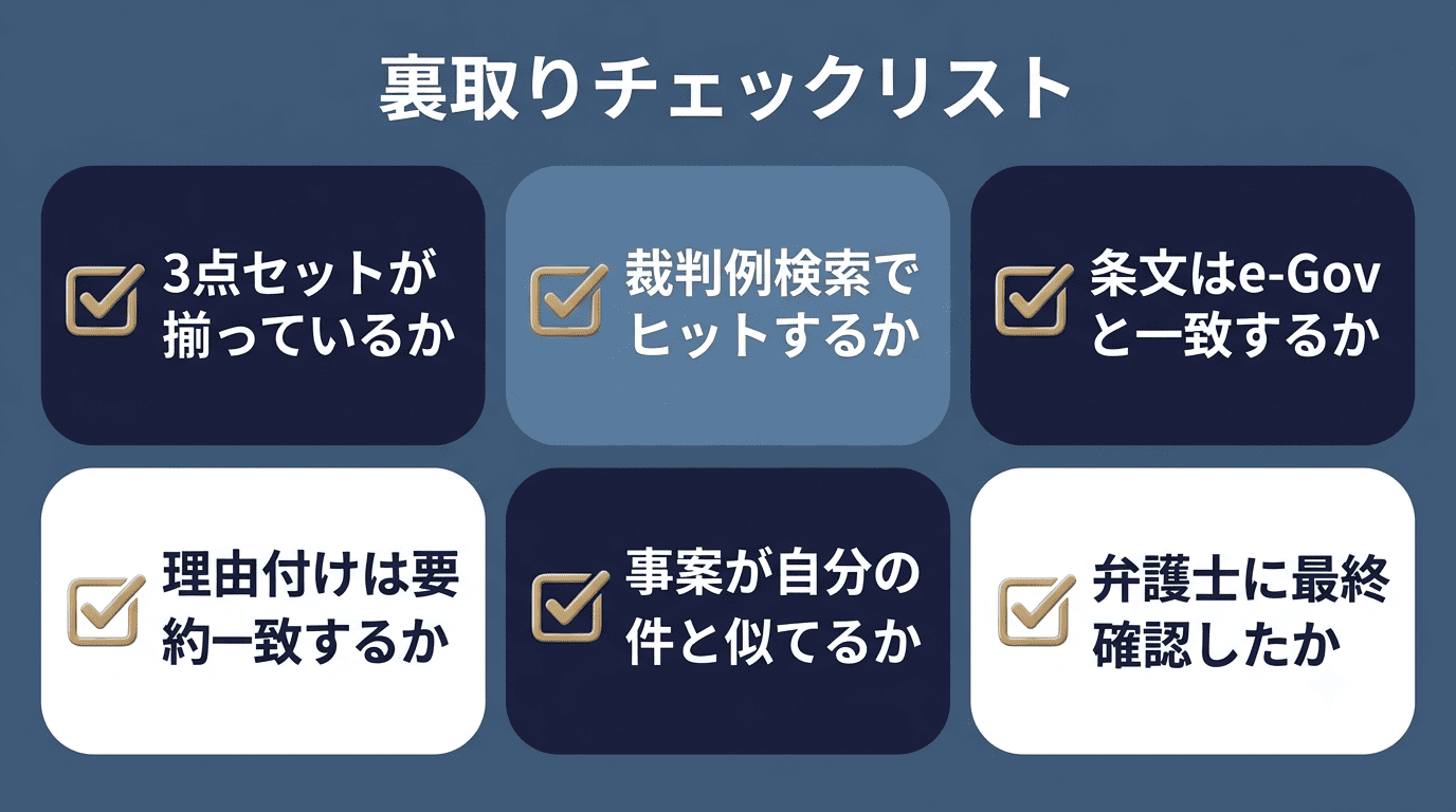 裏取りチェックリストの6項目を並べたインフォグラフィック