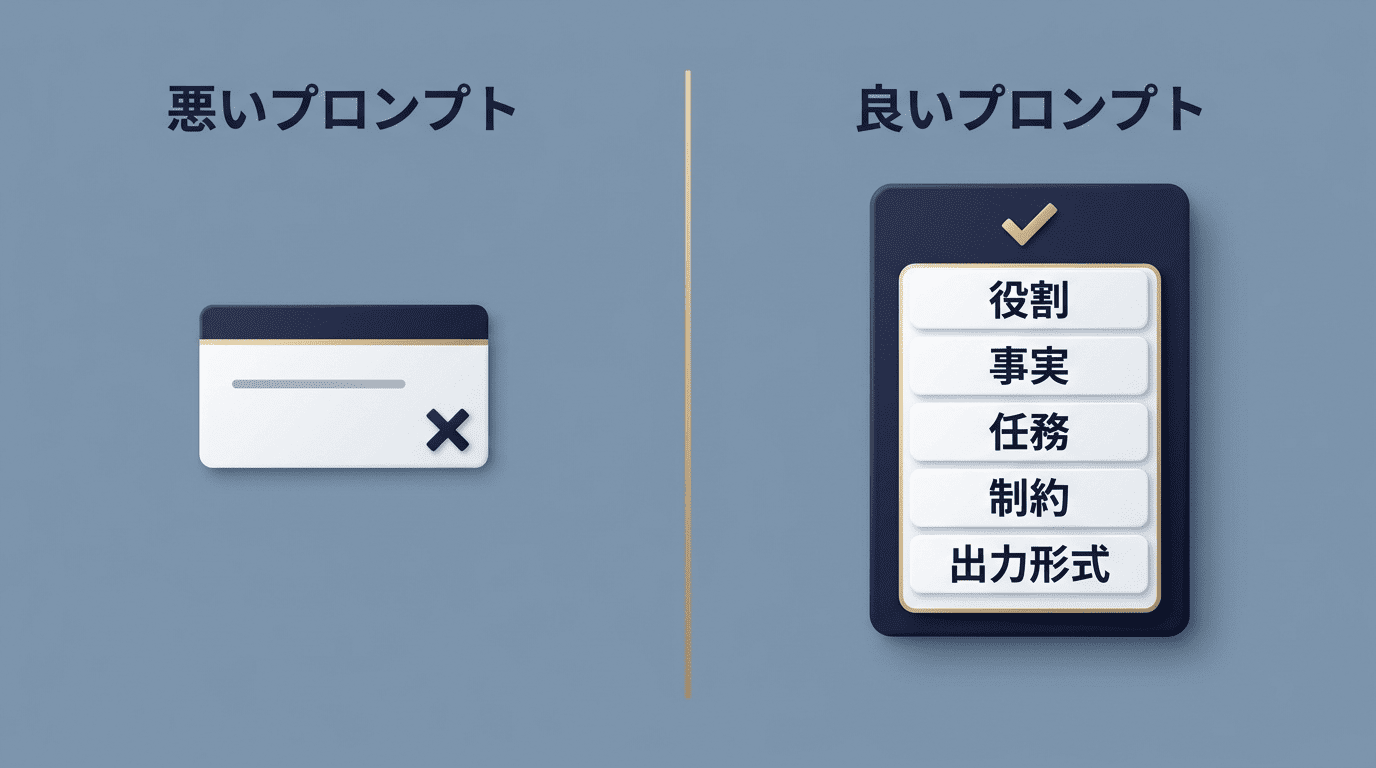 悪いプロンプトと良いプロンプトの比較図。良いプロンプトは役割・事実・任務・制約・出力形式の5要素を含む