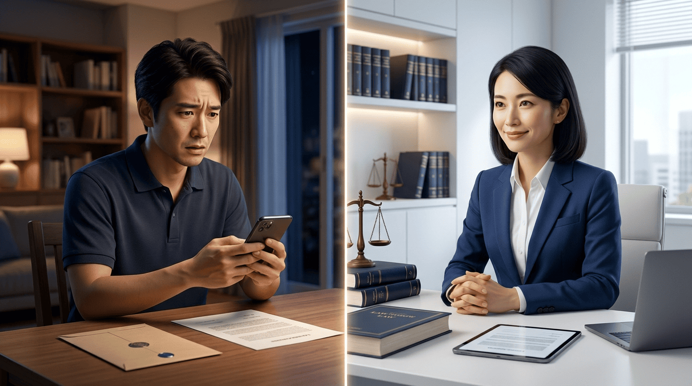 夜にスマホで法律チャットを開く男性と、相談室で待つ弁護士を並べた図