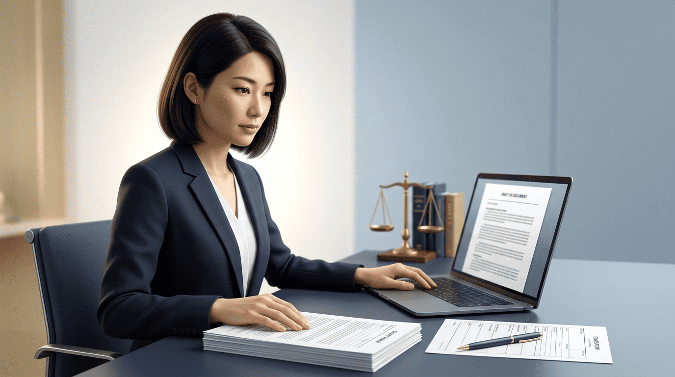 裁判所の書式とノートパソコンを前に、AIで訴状のたたき台を準備する本人訴訟の当事者