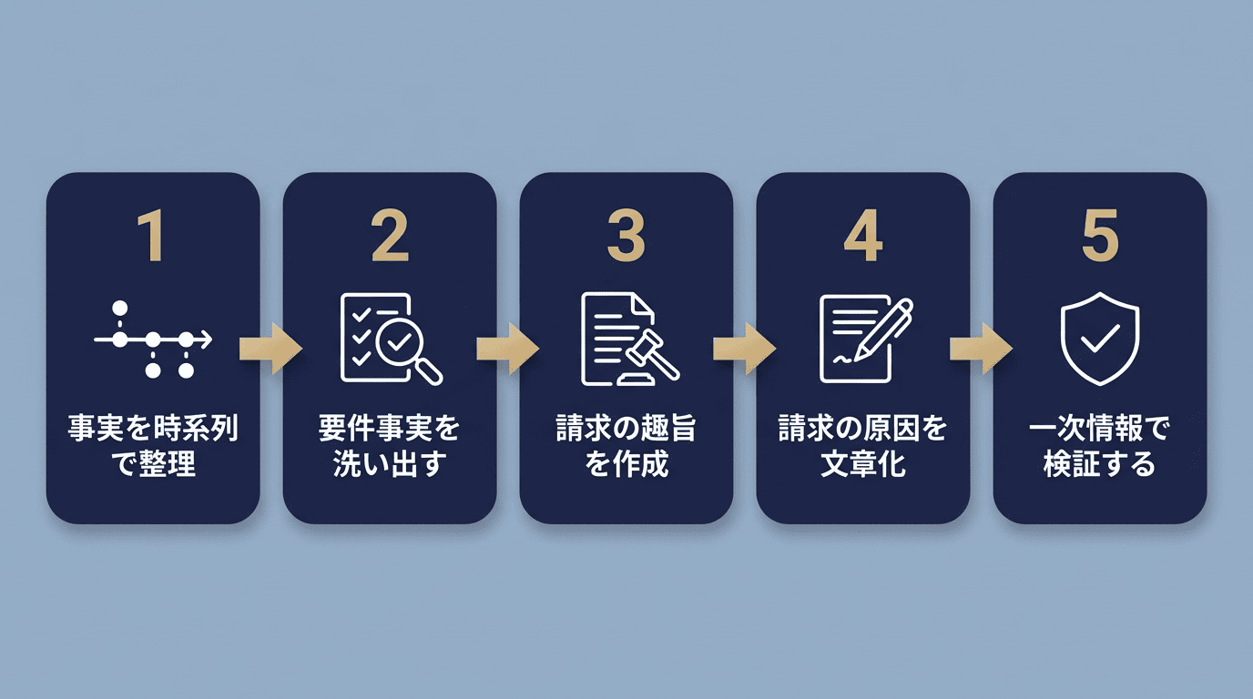 AI弁護士で訴状のたたき台をつくる5ステップの流れ図：事実の整理から一次情報での検証まで