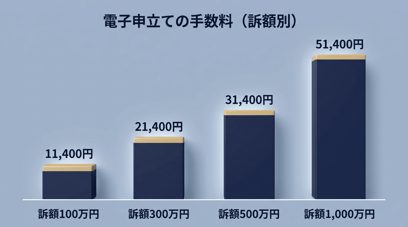 訴額別に見た電子申立ての手数料の棒グラフ：100万円は11,400円、1,000万円は51,400円