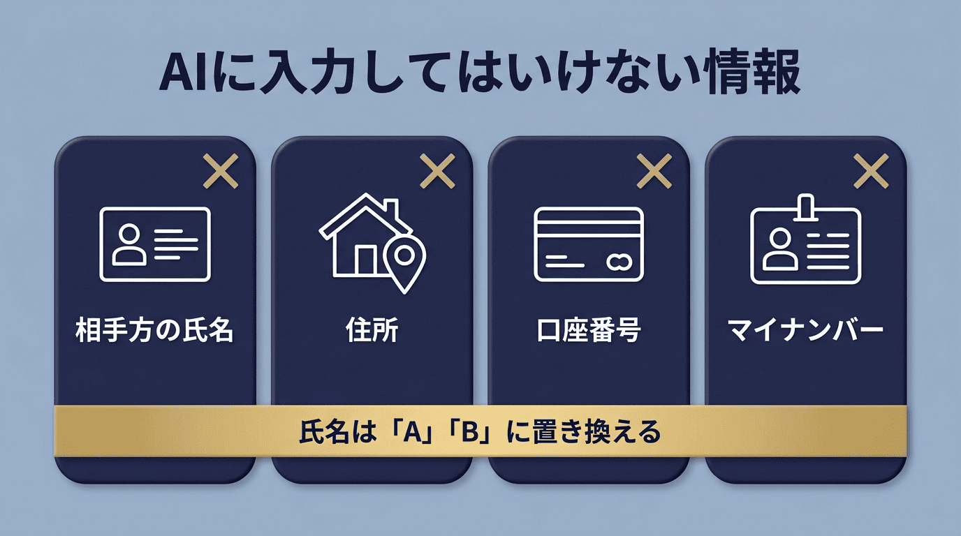 AIに入力してはいけない情報のチェックリスト：相手方の氏名・住所・口座番号・マイナンバー