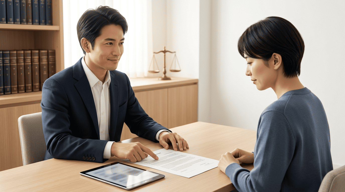 AIで準備した訴状の下書きを持って弁護士に相談する場面