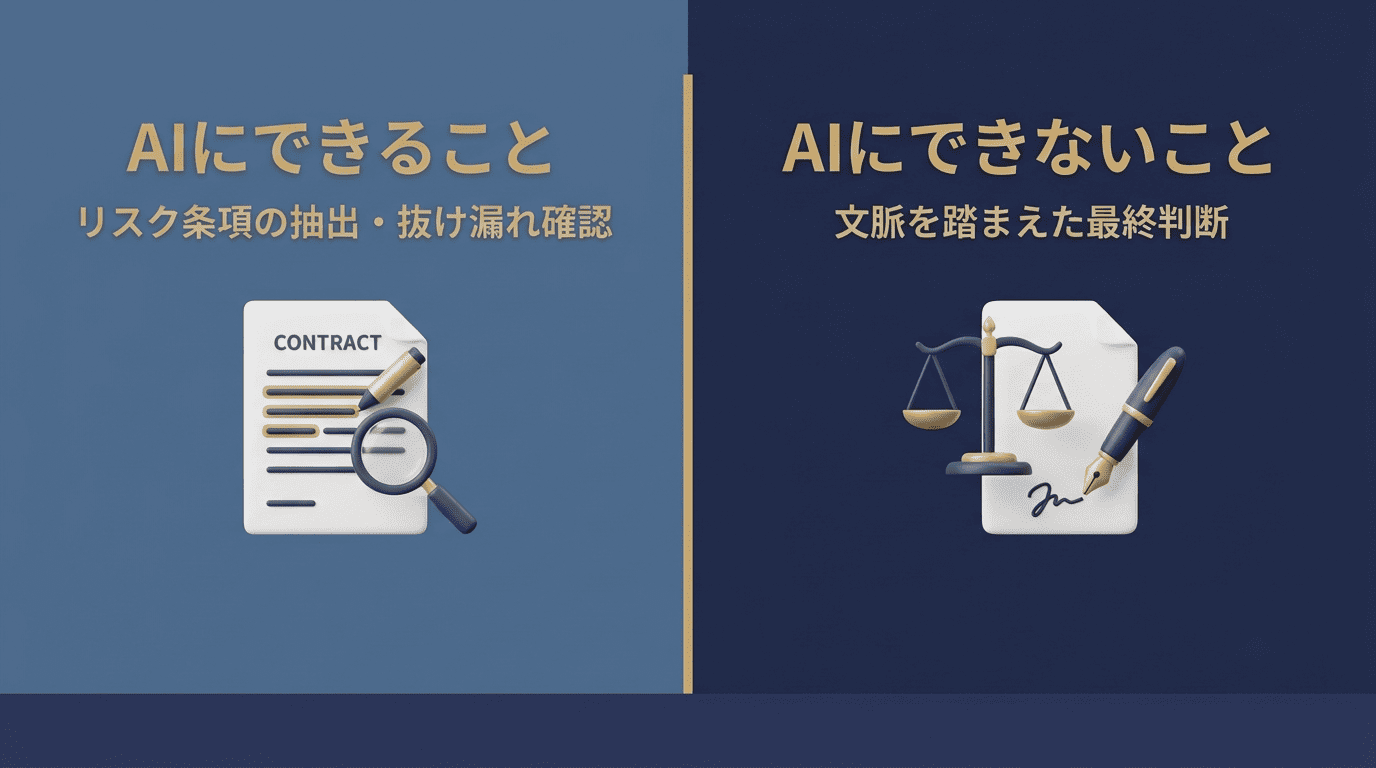 AIにできることとできないことを左右に分けた比較図。左はリスク条項の抽出、右は文脈を踏まえた最終判断