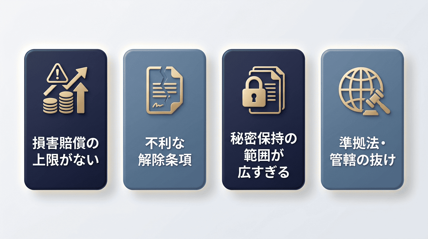 AIが検出する4つの典型的なリスク条項——損害賠償の上限がない、不利な解除条項、秘密保持の範囲が広すぎる、準拠法・管轄の抜け