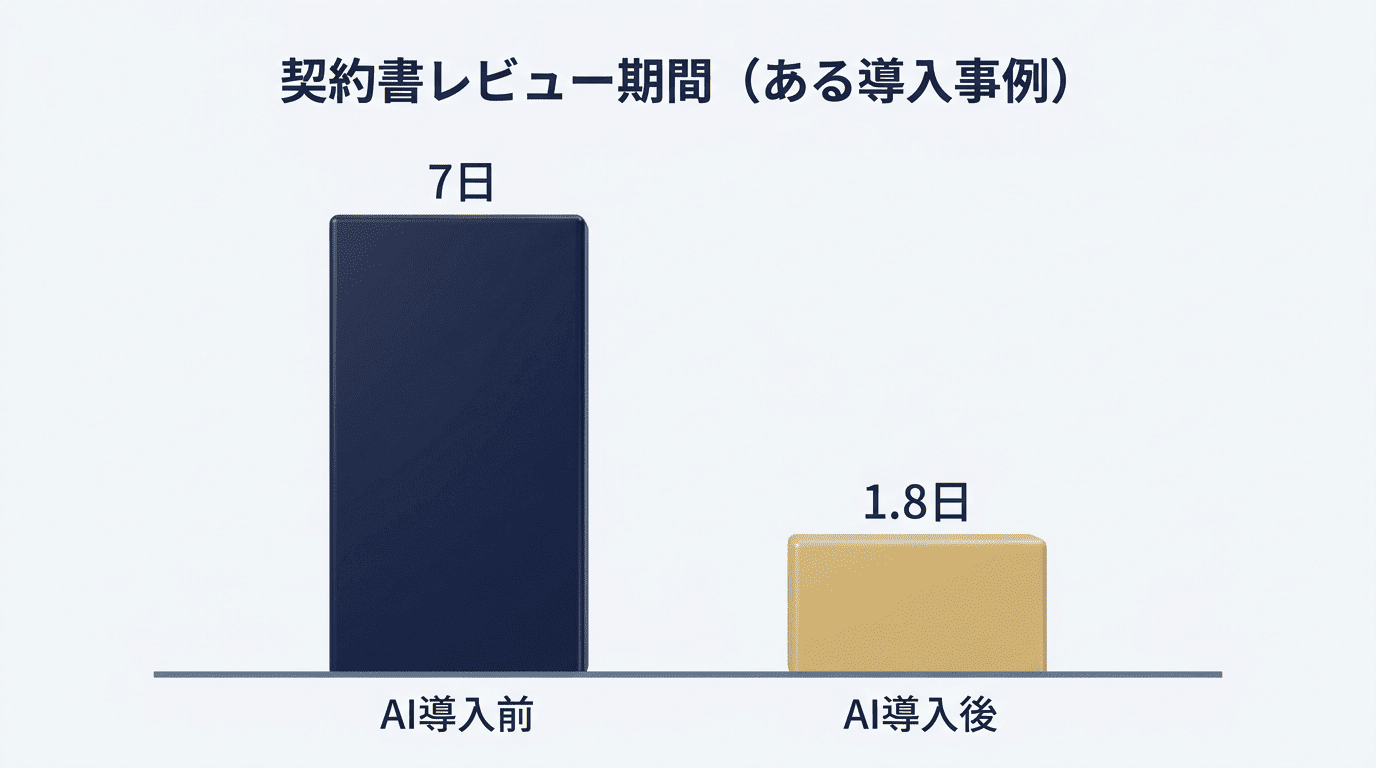 契約書レビュー期間の棒グラフ。AI導入前は7日、AI導入後は1.8日