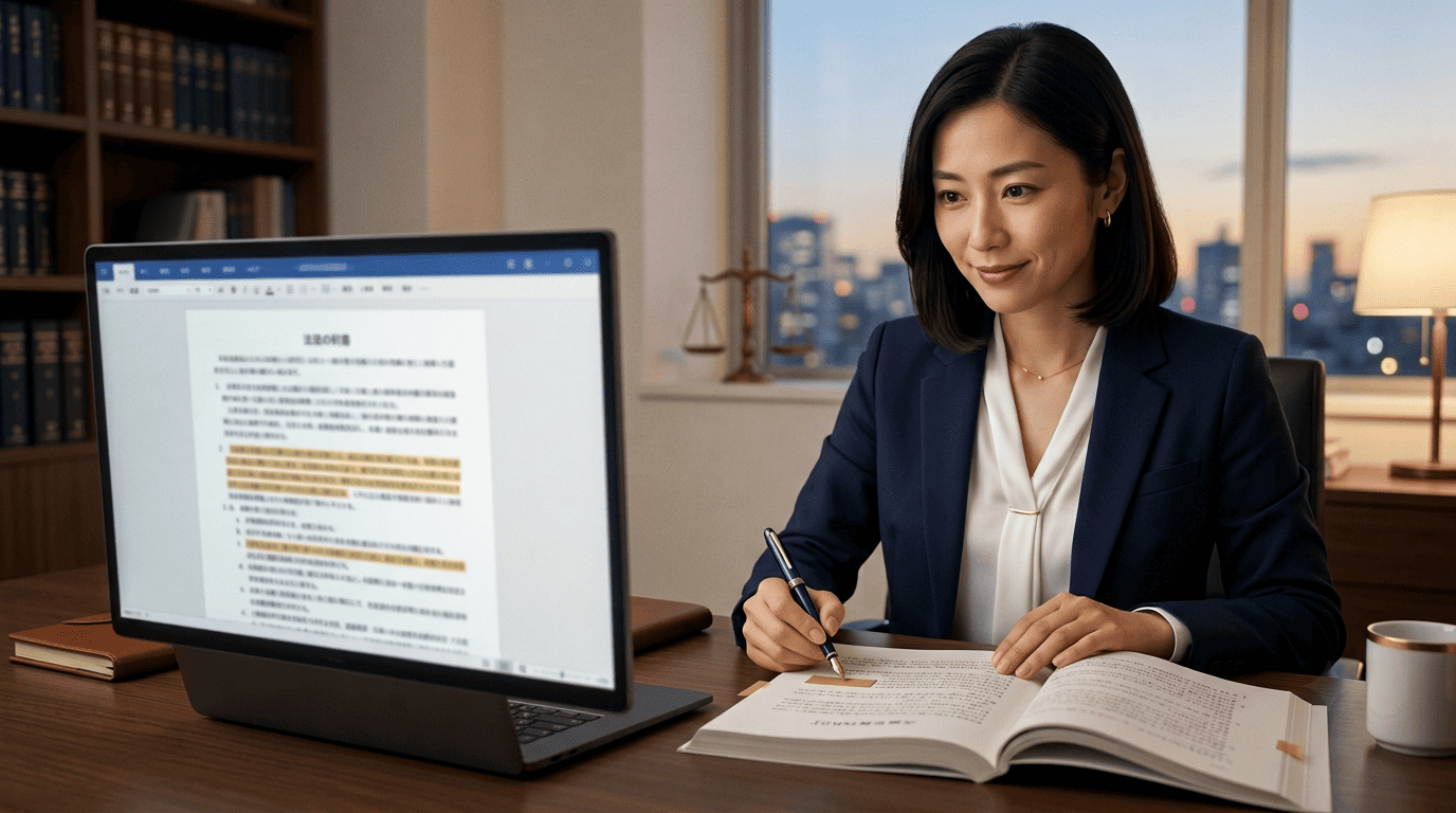 弁護士が、AIがハイライトした契約書を確認しながら、自ら最終判断として条項に印をつけている様子
