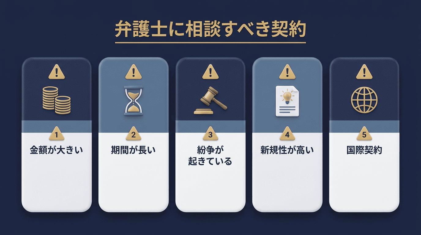 弁護士に相談すべき契約の5類型——金額が大きい、期間が長い、紛争が起きている、新規性が高い、国際契約
