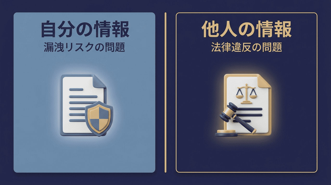 自分の情報と他人の情報を左右に分けた比較図。左は漏洩リスク、右は法律違反