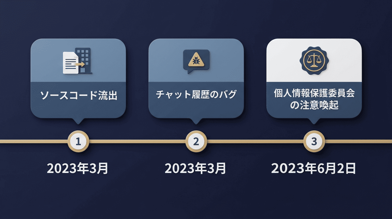 2023年3月のソースコード流出、2023年3月のチャット履歴のバグ、2023年6月2日の個人情報保護委員会の注意喚起を並べた年表