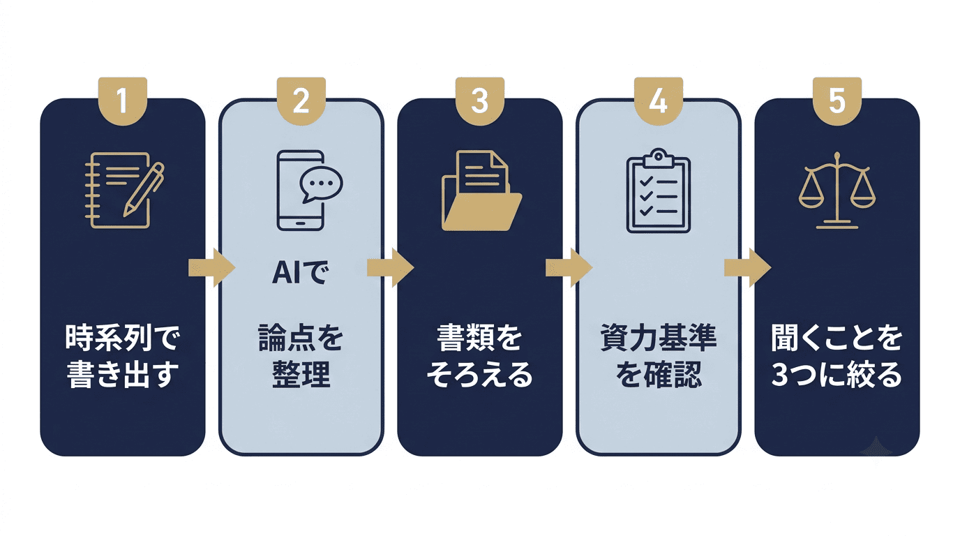AIで整理してから相談窓口へ向かう5ステップ図：時系列で書き出す→AIで論点を整理→書類をそろえる→資力基準を確認→聞くことを3つに絞る