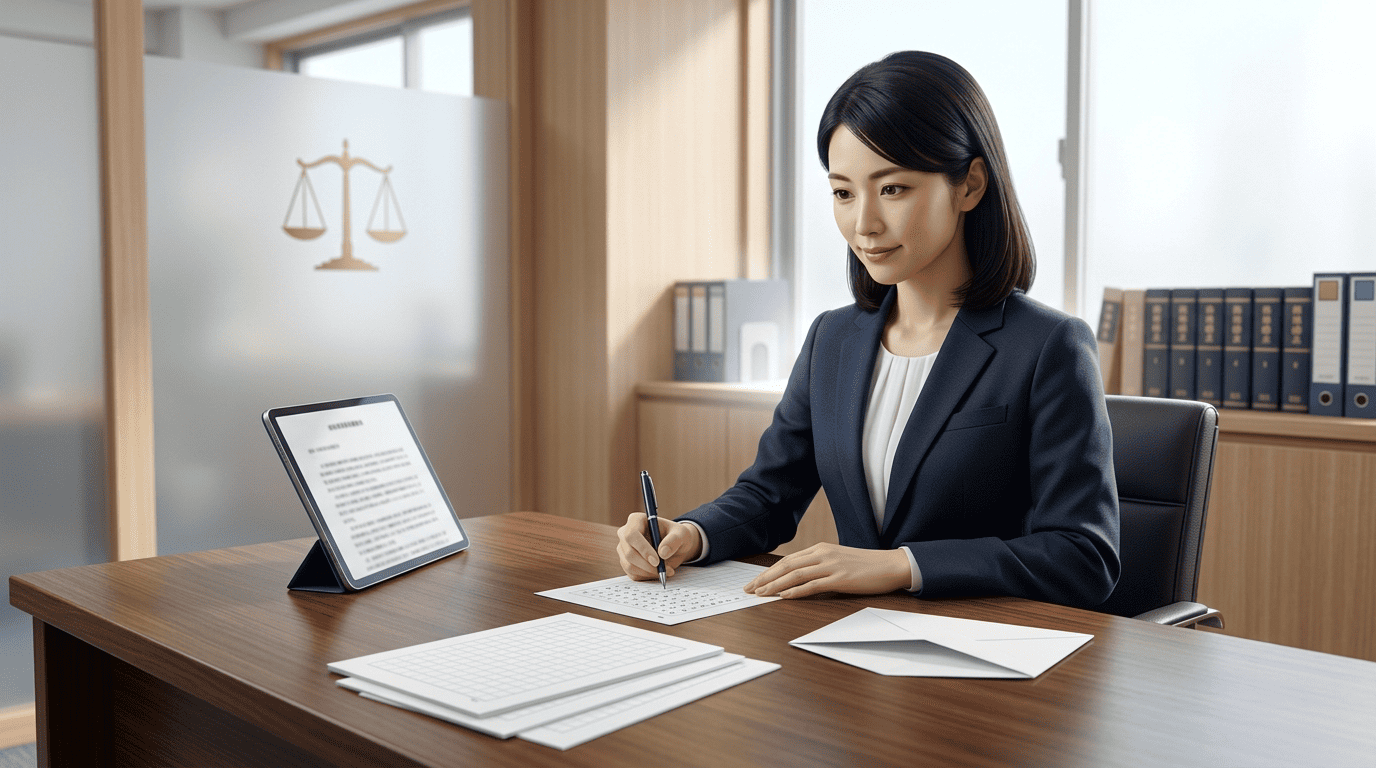 AIが作った下書きをタブレットで確認しながら、原稿用紙に3通清書し字数を数える日本人弁護士