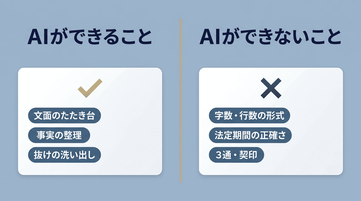 AIができること（文面のたたき台・事実の整理）とAIができないこと（字数行数の形式・法定期間・3通と契印）の比較図