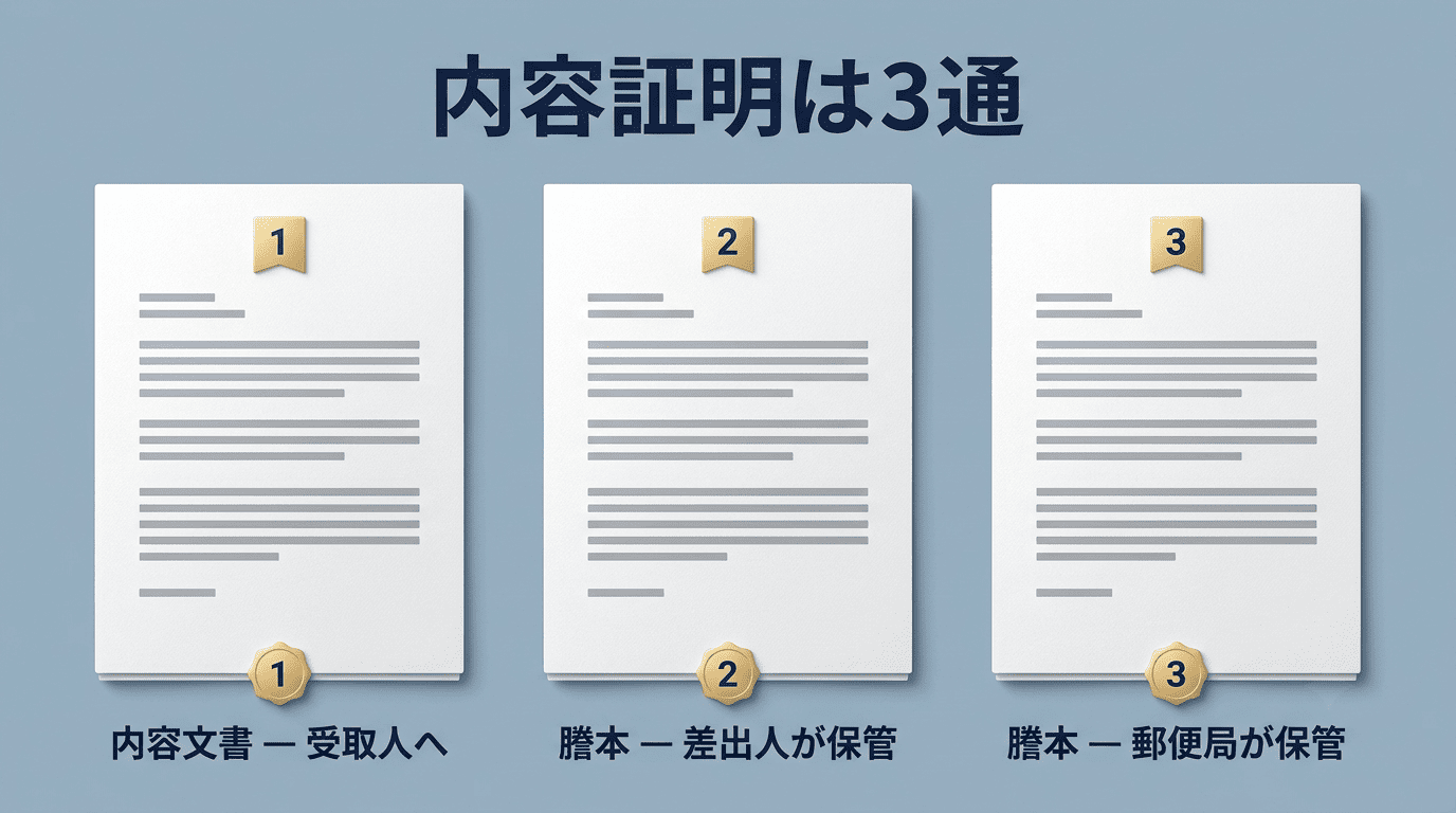内容証明は3通。内容文書は受取人へ、謄本は差出人保管用と郵便局保管用