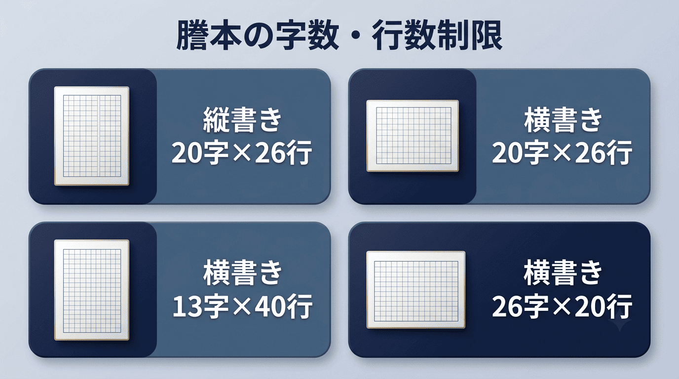 謄本の字数・行数制限。縦書き20字×26行、横書きは20字×26行・13字×40行・26字×20行の3パターン