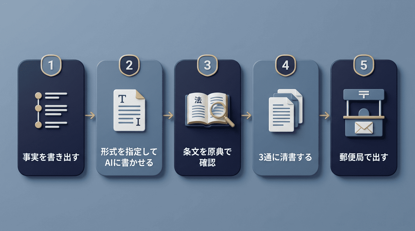 AIで内容証明を作る5ステップ。事実を書き出す、形式を指定してAIに書かせる、条文を原典で確認、3通に清書、郵便局で出す
