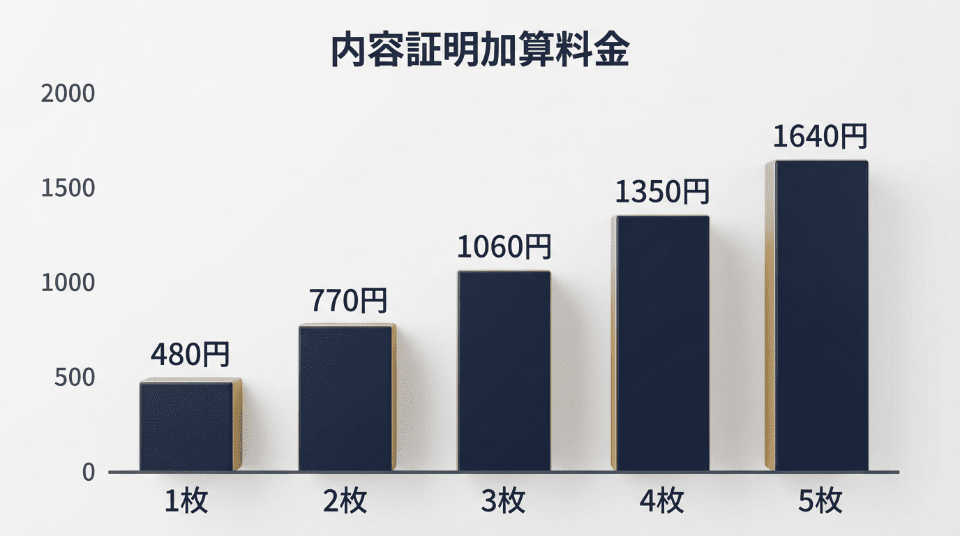 内容証明加算料金の棒グラフ。1枚480円、2枚770円、3枚1060円、4枚1350円、5枚1640円