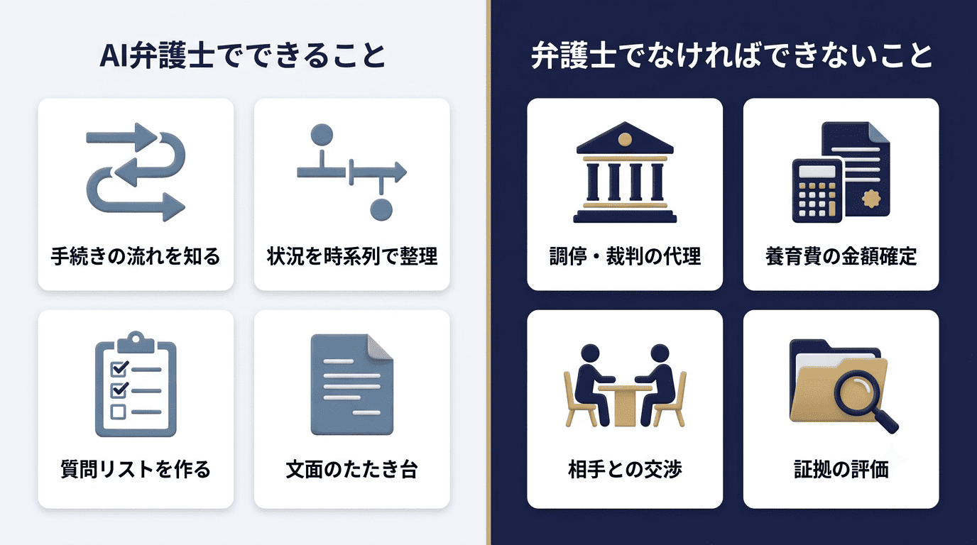 AI弁護士でできること(手続きの流れを知る・状況を時系列で整理・質問リストを作る・文面のたたき台)と、弁護士でなければできないこと(調停・裁判の代理・養育費の金額確定・相手との交渉・証拠の評価)の対比図