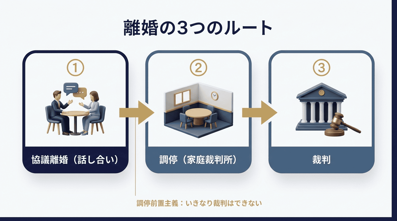 離婚の3つのルートを示すフロー図。協議離婚(話し合い)から調停(家庭裁判所)、そして裁判へと進む流れと、調停前置主義の注記