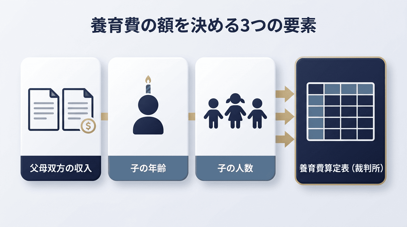 養育費の額を決める3つの要素(父母双方の収入・子の年齢・子の人数)が、裁判所の養育費算定表に集約されることを示す図