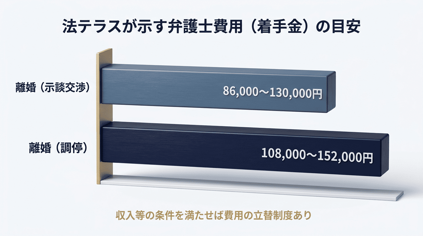 法テラスが示す弁護士費用(着手金)の目安の棒グラフ。離婚(示談交渉)86,000〜130,000円、離婚(調停)108,000〜152,000円